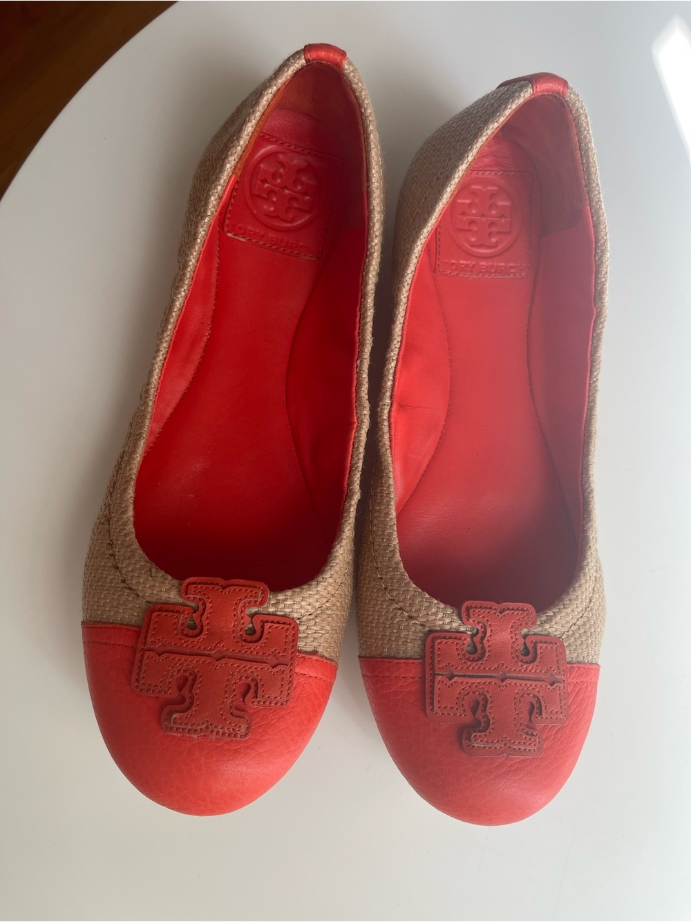 Tory Burch Orange & Beige Toe Natural Woven Logo Ballet Flats
